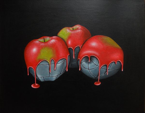 Akryl maleri Æbler af stål af Sidse Møller malet i 2016