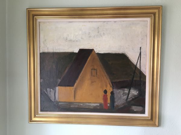 Olie maleri Hus ved vej af Brøndum Sørensen malet i 1960