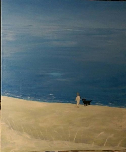 Akryl maleri Skitse af pige og hund på strand af John Christensen malet i 2016