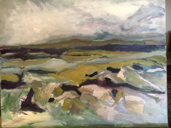 Olie maleri Forårs landskab af Margrethe Dickmeiss malet i 16