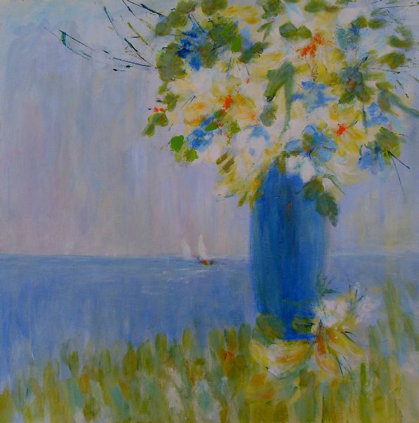 Blandede medier maleri SOLGT - BLOMSTER & HAV af Aase Lind malet i 