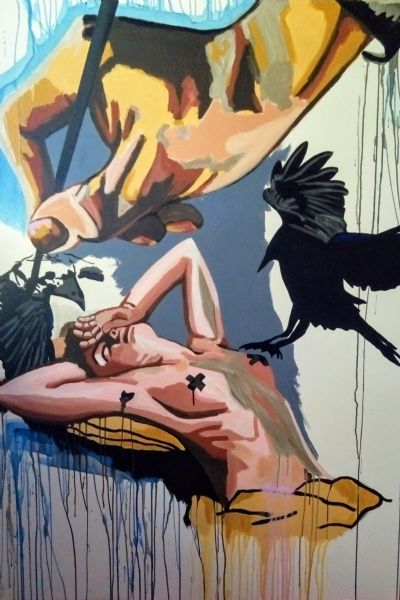 Akryl maleri Kunstneren, kvinden og fuglene drømmer af Majbritt Biegel malet i 2016