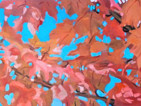 Olie maleri Røde blade, blå himmel af Julie Jungersen malet i 2014