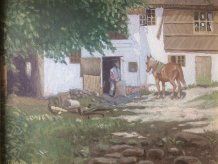Akryl maleri Gården af Gallerinavn ikke oplyst malet i 1963