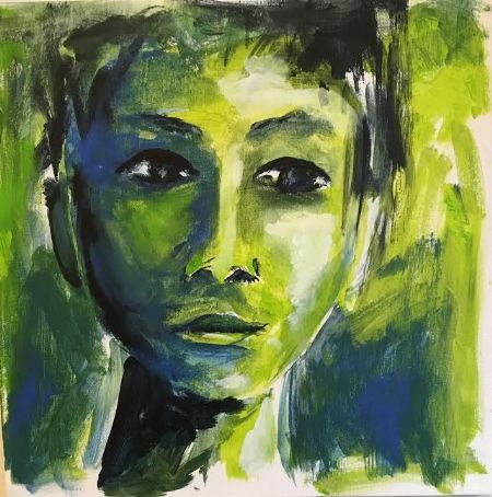 Akryl maleri Grøn dreng af Birgit Højgaard malet i 2016