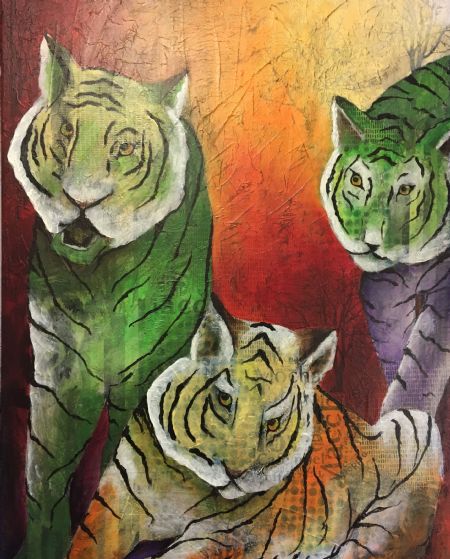 Akryl maleri 3 tigre af Birgit Højgaard malet i 2017