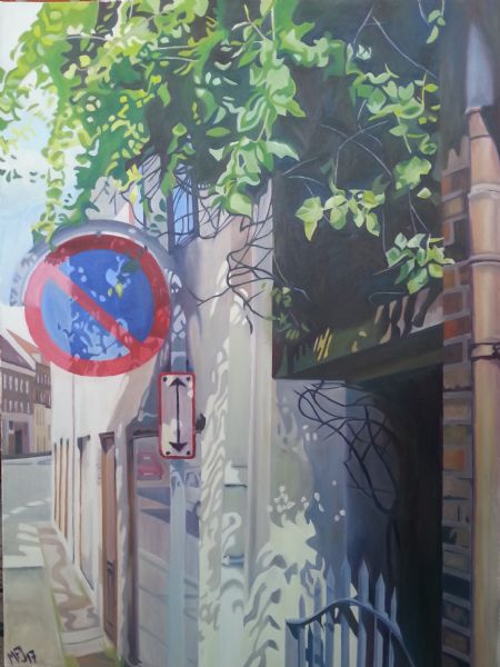 Olie maleri Gade med skilt af Marie Fredborg Jungersen malet i 2017