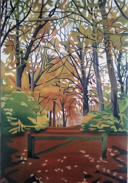 Olie maleri Vej i efterårsskov af Marie Fredborg Jungersen malet i 2017