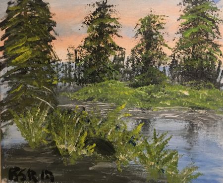 Akryl maleri Sø i skov af Birthe Rosendal malet i 2018