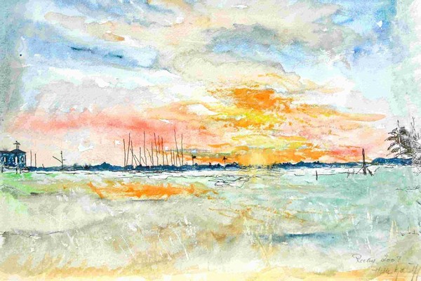 Akvarel maleri Solopgang over Reersø Havn af Helle Kjærulff malet i 2008