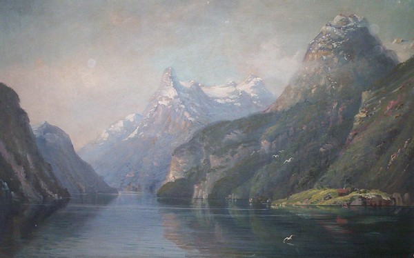 Akryl maleri Bjergsø af Otto Schwarz malet i 