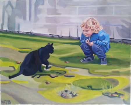Olie maleri Asger og kat af Marie Fredborg Jungersen malet i 2018
