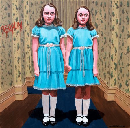 Akryl maleri To ensomme piger på et meget ondt hotel af Henning Dalhoff malet i 2018