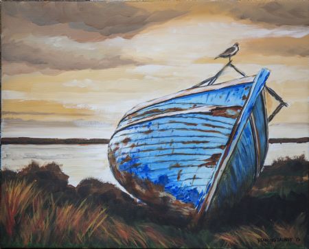 Akryl maleri strandet båd af Henning Dalhoff malet i 2017