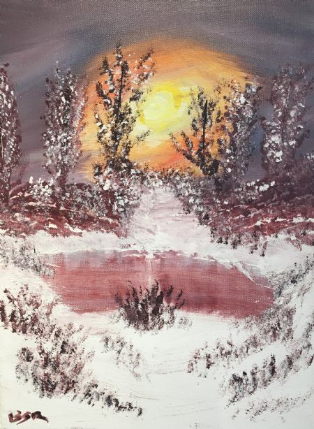Akryl maleri Sø ved vintertide af Birthe Rosendal malet i 2018