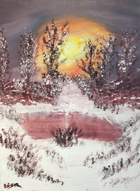 Akryl maleri Sø ved vintertide af Birthe Rosendal malet i 2018