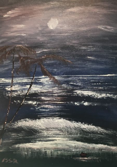 Akryl maleri Sydens palmer ved havet af Birthe Rosendal malet i 2018