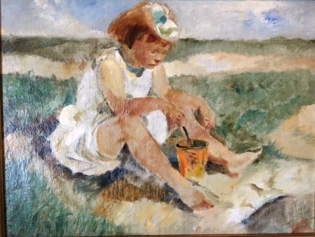 Akryl maleri Pige på strand af Gallerinavn ikke oplyst malet i 1940