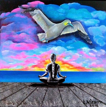 Akryl maleri Jeg drømmer, jeg er en fugl i himlen af Bella Jensen malet i 2016