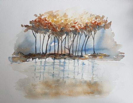 Akvarel maleri Efterårsspejling af Amalie Wedege malet i 2018