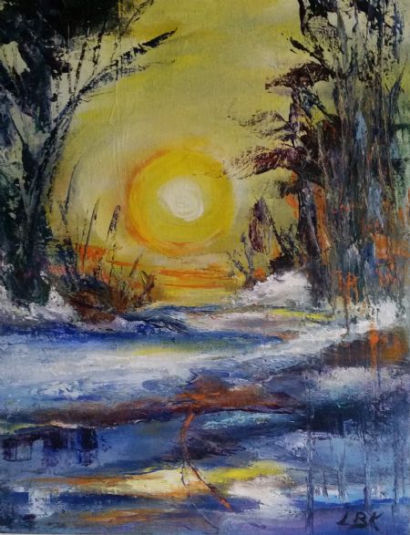 Olie maleri solnedgang i skov af Lis Berg Karlsen malet i 2018
