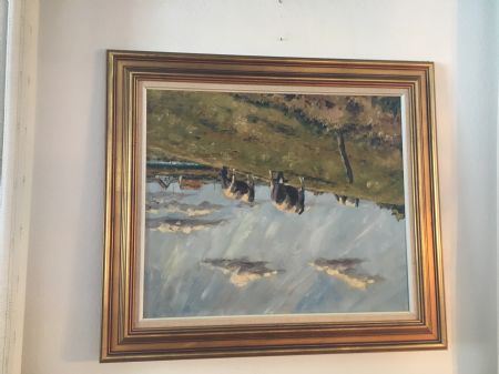 Olie maleri Landskab med køer af Gallerinavn ikke oplyst malet i 