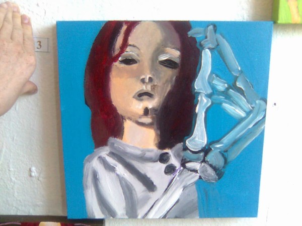 Akryl maleri pigen med hånden af liv eriksen malet i 2008