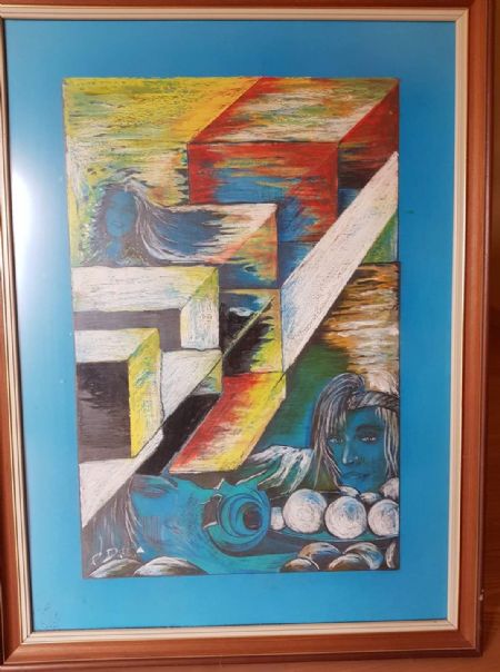 Blandede medier maleri Surrealistisk komposition af Paul Ditlev malet i 