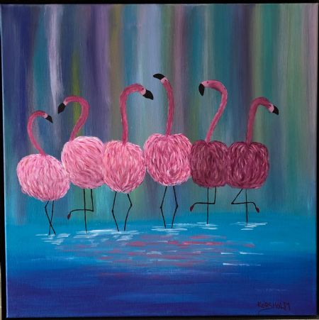 Akryl maleri Flamingo Dance af Art Korsholm Lene Korsholm malet i 