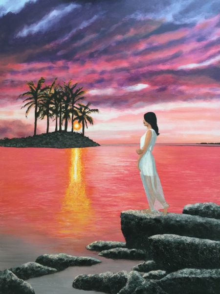 Akryl maleri Kvinde i rød solnedgang af Steen Hedegård malet i 2019