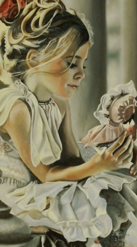 Olie maleri Pige med dukke af jan nielsen malet i 2018