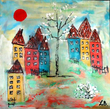 Akryl maleri Rød sol af Laila bollerslev malet i 2019