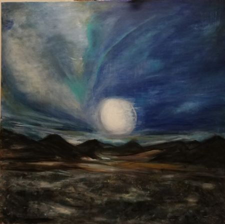 Akryl maleri Måneskin med et strejf af nordlys af Drude Høg malet i 2020