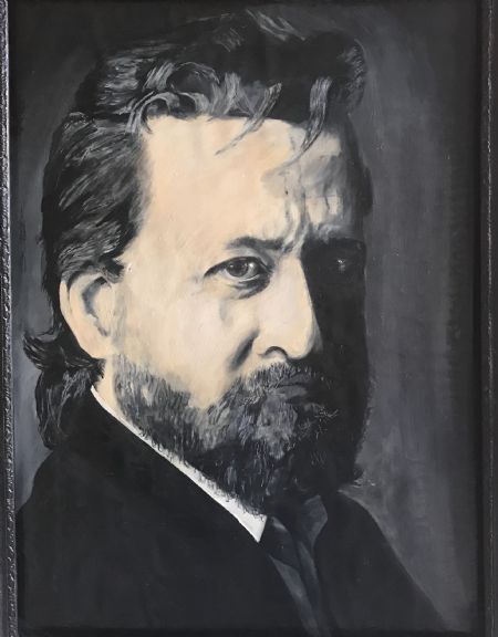Olie maleri Portræt af billedkunstner Bjørn Nørgaard af Peer Rubin malet i 1993