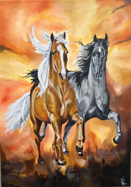Akryl maleri Heste i løb af Vibeke Findshøj malet i 2018