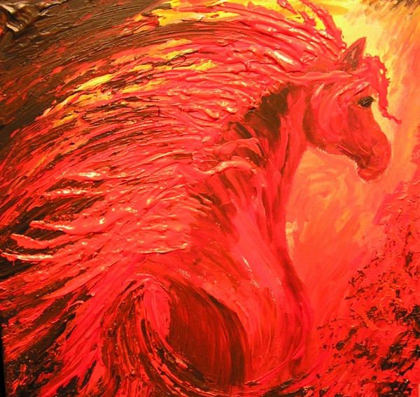 Blandede medier maleri rød hest af Suzanne Eis Benzon malet i 2008