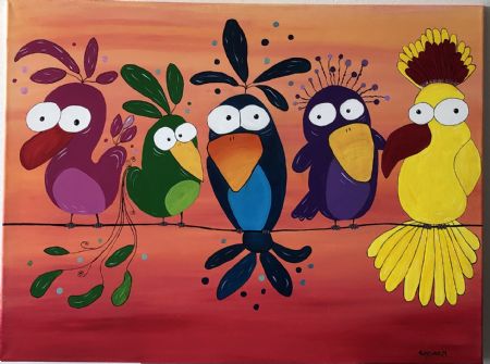 Akryl maleri Silly Birds af Art Korsholm Lene Korsholm malet i 