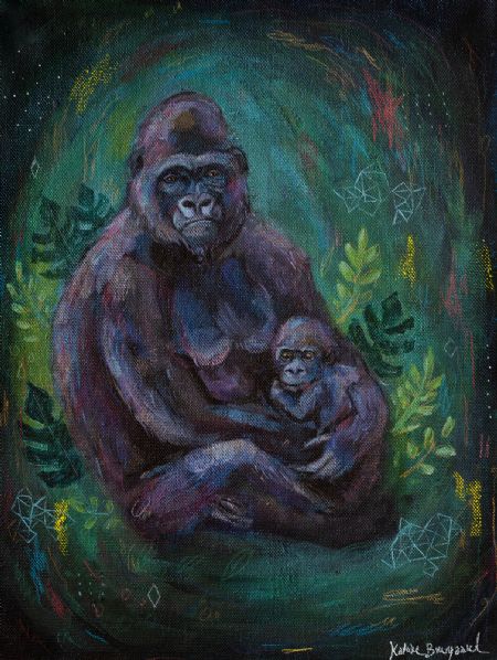 Olie maleri Gorilla og unge af Katrine Brungaard malet i 2020