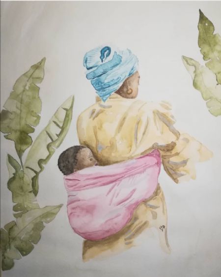 Akvarel maleri Kvinde med barn. af Ann Dorthe Fredenslund Hove malet i 2019