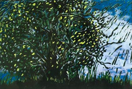 Blandede medier maleri Egetræ om foråret af Inge Madsen malet i 2020