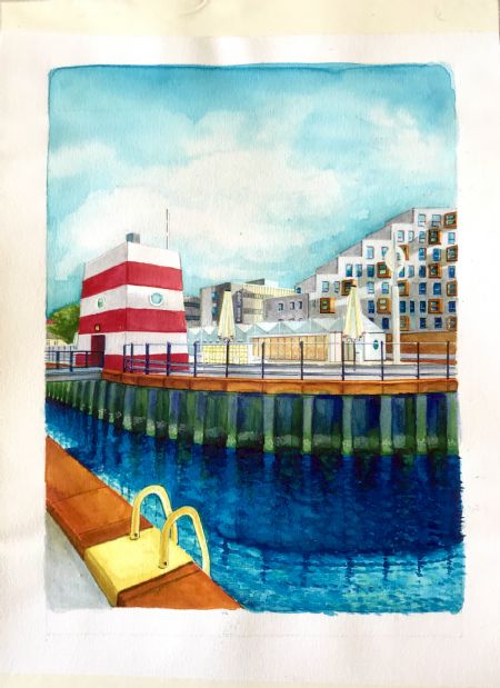 Akvarel maleri Odense Havnebad af Petra Rasmussen malet i 2020