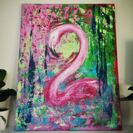 Akryl maleri 'Pink Flamingo' af Lotte Justesen malet i 2020