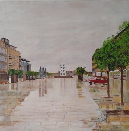 Olie maleri Randers i regnvejr af Marianne Laursen malet i 2015