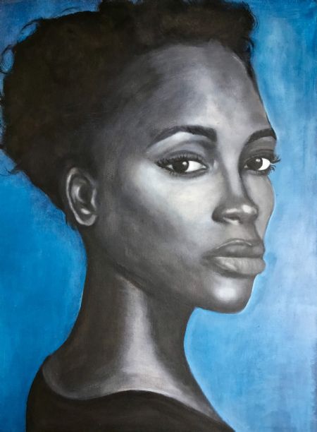 Akryl maleri Monokromt ansigt på blå baggrund af Anna Grethe Bak malet i 2019