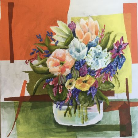 Akryl maleri Blomsterbuket i vase af Birgit Højgaard malet i 2019