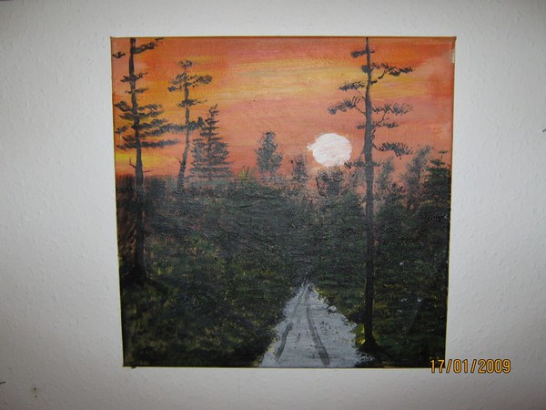 Akryl maleri Solnedgang over skoven af Flemming Larsen malet i 2009