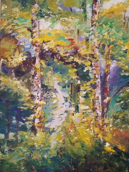 Akryl maleri I skoven af Ruth Christiansen malet i 2020