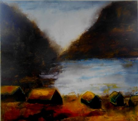 Olie maleri Bygden, lyset og havet af Atelier Krohaven KurtEjvind malet i 2017