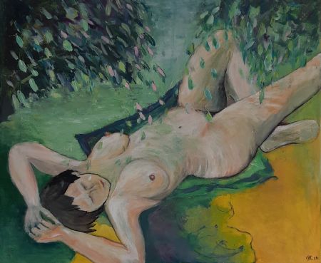 Akryl maleri En plads i solen af Ruth Christiansen malet i 2016