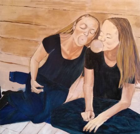 Olie maleri Mette og Marie af Marianne Laursen malet i 2020